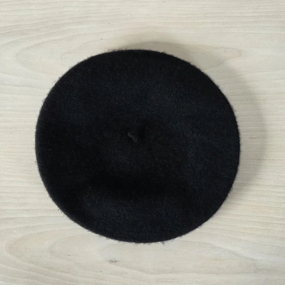 100% Wool Black Beret Hat w/Large Silver Rhinestone Jewel Embellishment